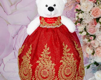 Red Gold Quinceanera Bear: Personalized Mis Quince Osito