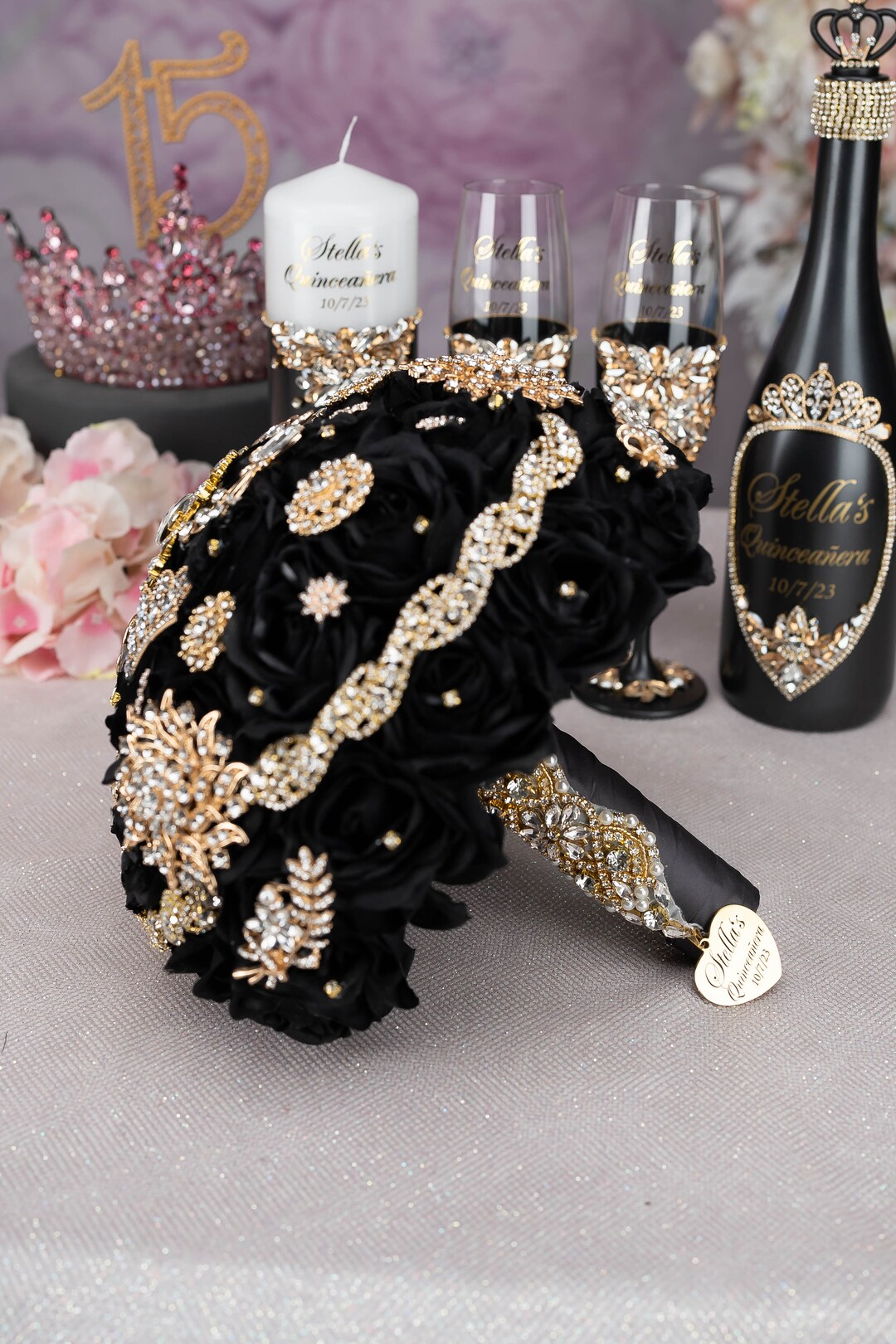 Black Gold Quinceanera Bouquet Black Quince Decor Etsy