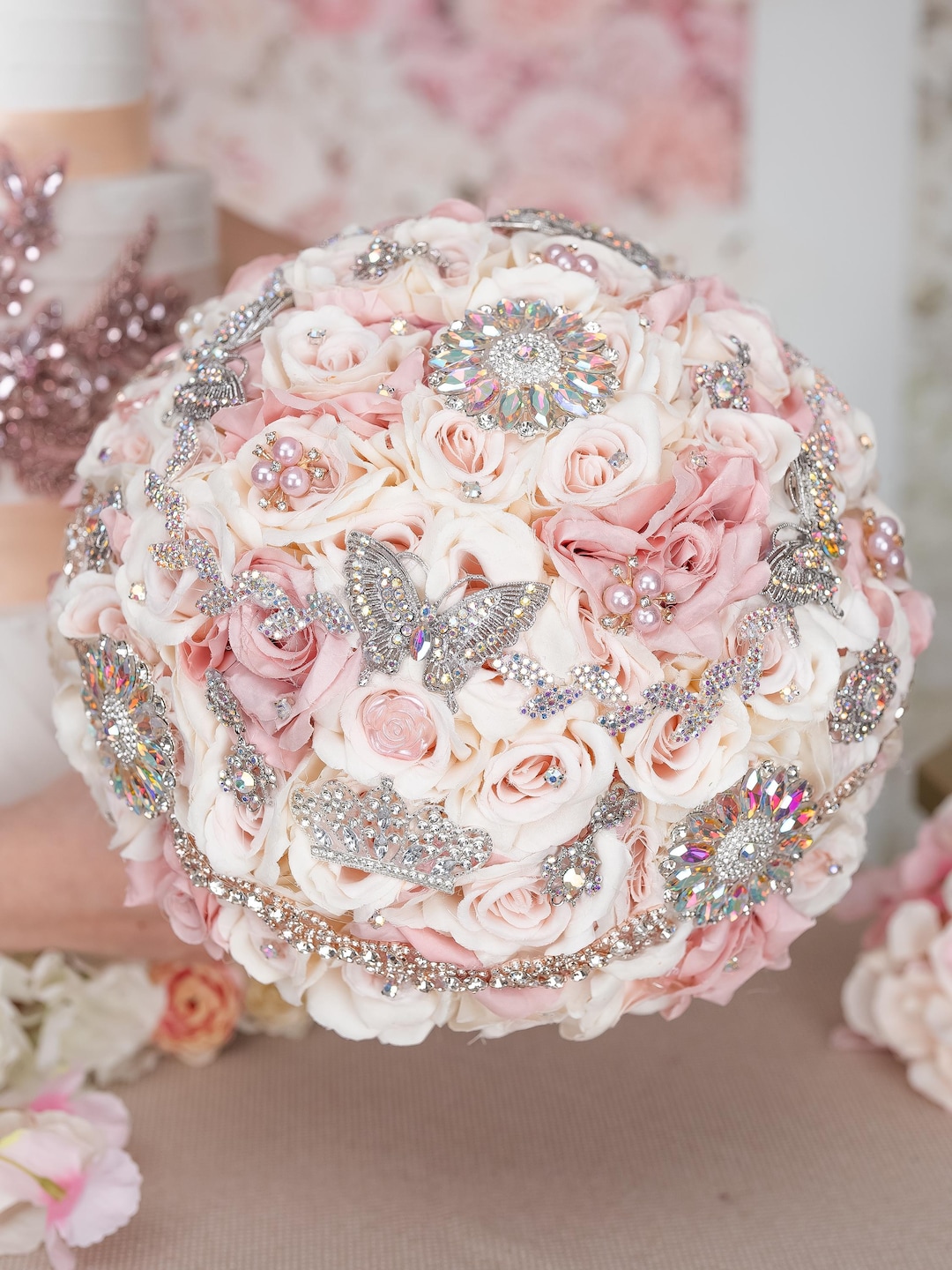 Quincenera Roses Champagne Rose Gold Quinceanera Bouquet With Iridescent Brooches ...