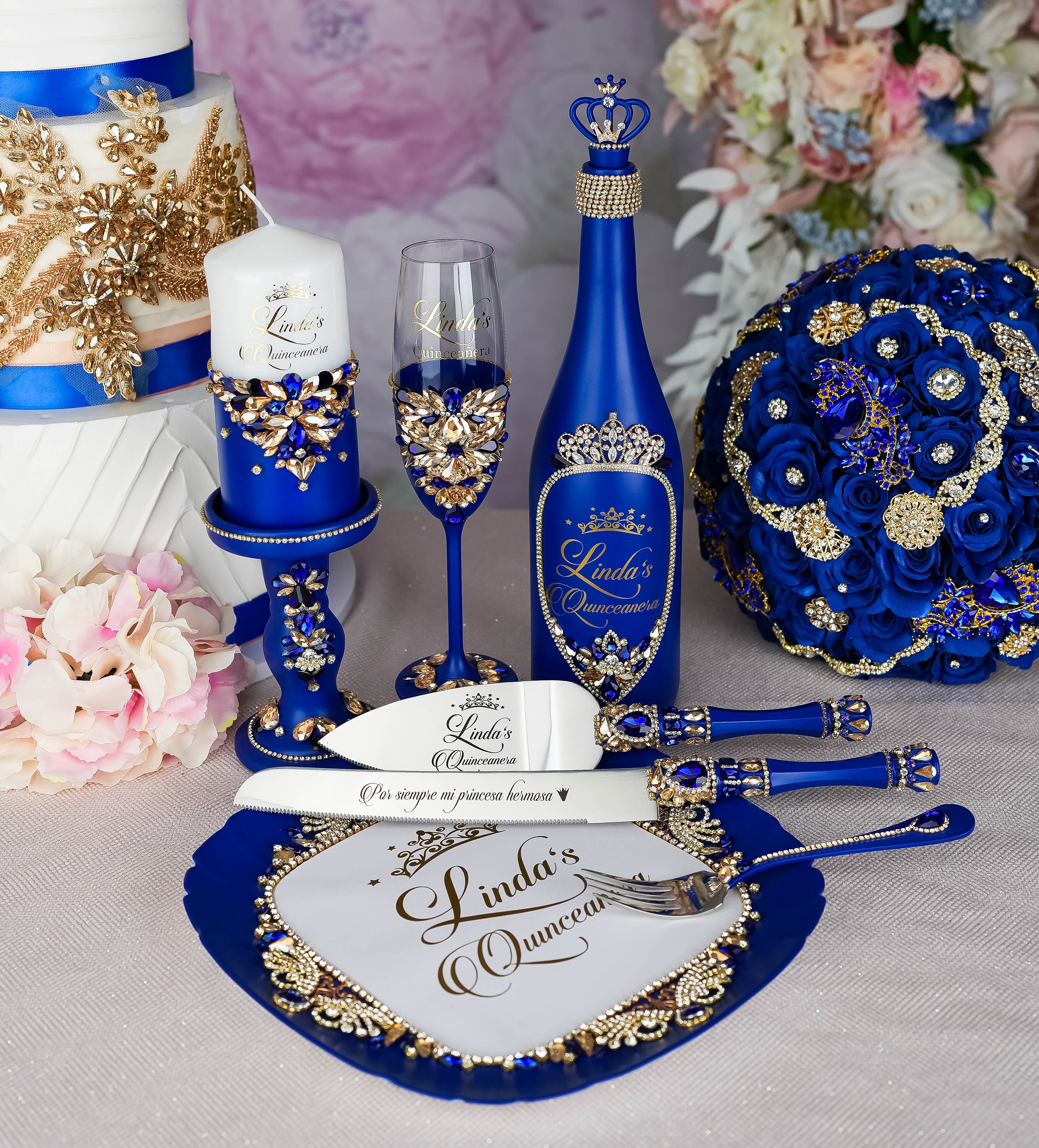 Royal Blue Quinceanera Decorations, Blue Gold Quince Anos, Royal Blue  Quinceanera Glasses, Royal Blue Quinceanera Knife Set 