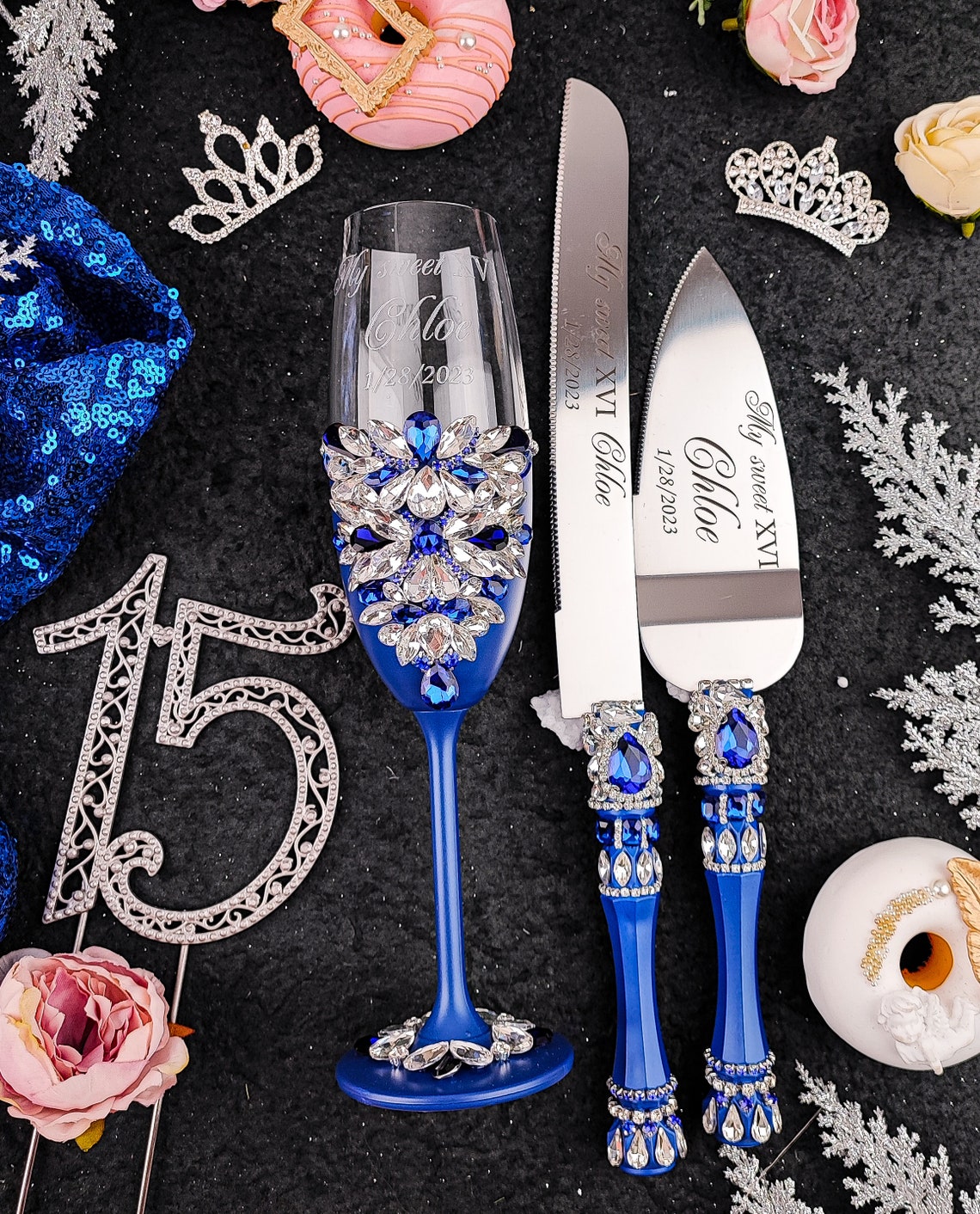 Blue Sweet 16 Decor Royal Blue Silver Sweet 16 Glasses Royal Etsy