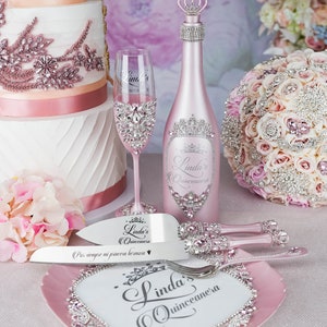 brindis quinceanera rose gold copas quinceanera cake knife mis anos flute set, mis 15, sweet 16