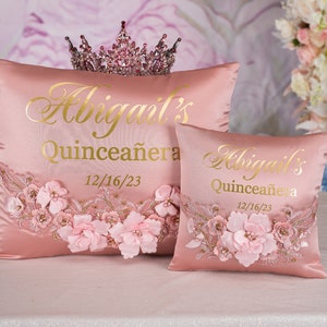 rose gold quinceanera pillows set, pink quinceañera tiara pillow, rose gold quince personalized pillows,rose gold quince almohada