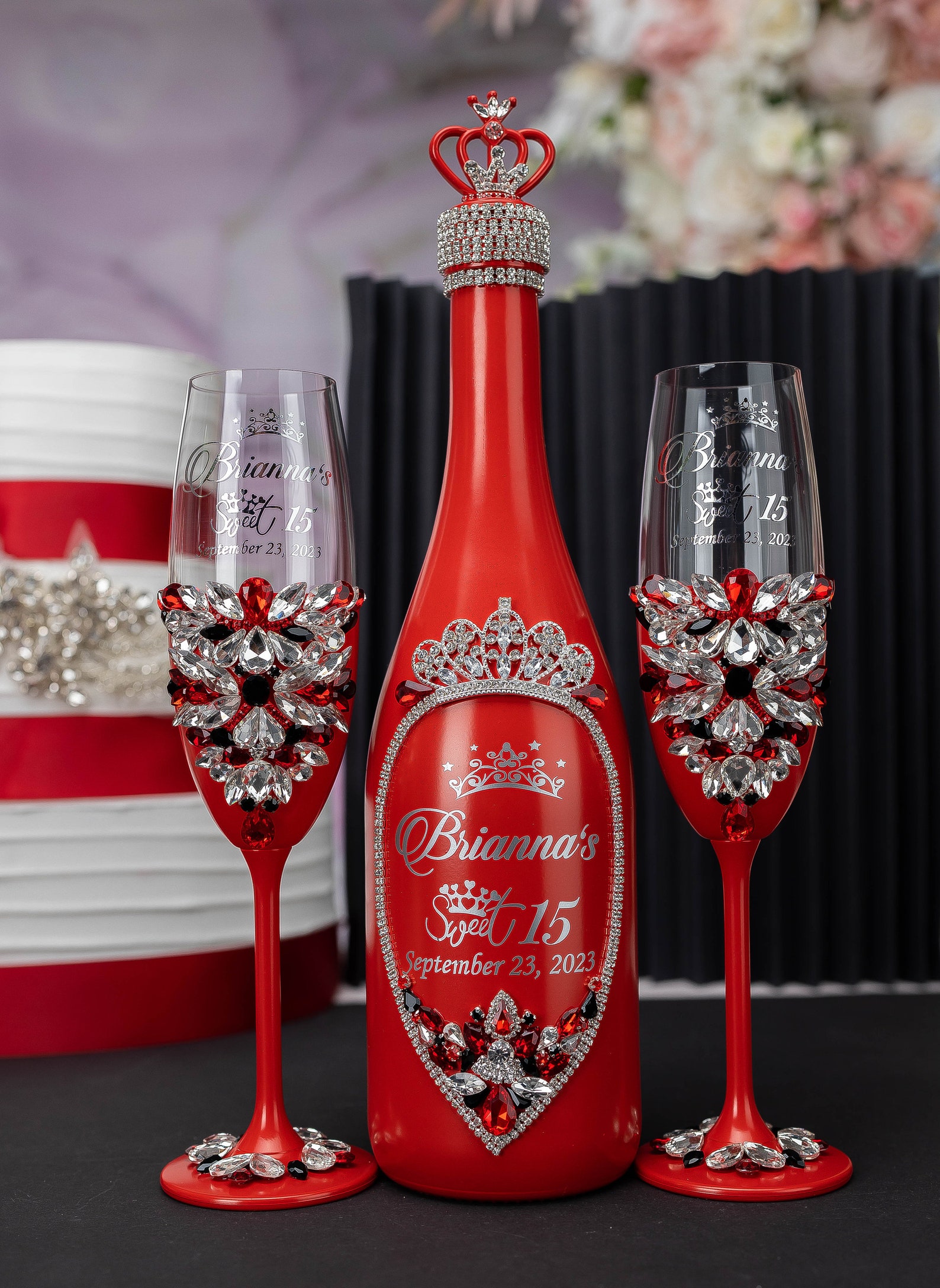 Red Black Quinceanera Toasting Package, Black Red Quinceanera Glasses
