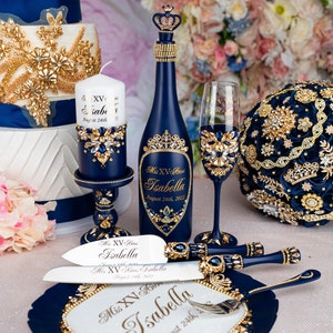 navy blue quinceanera glasses, navy gold quinceanera flute set, quinceanera cake knife