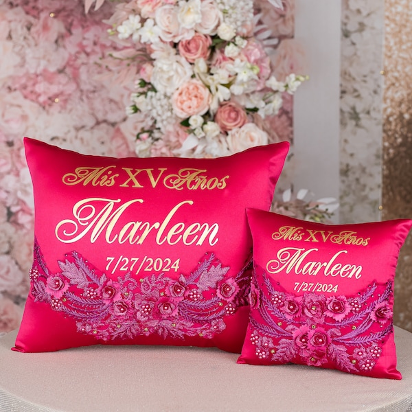 Fuchsia quinceanera pillows, hot pink quinceanera cushions, magenta quince cojinete, cake knife Hot pink mis anos toast set