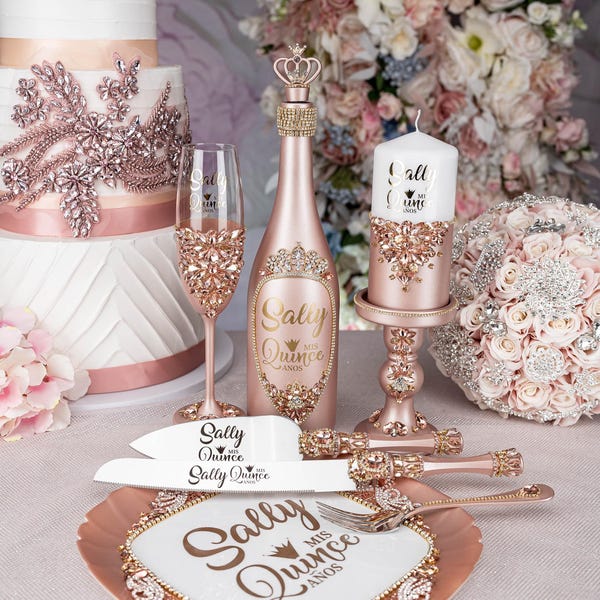 quinceanera cake knife, quinceanera brindis rose gold, mis anos, mis quince flute set, cake cutting