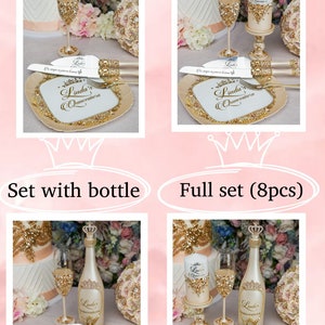 May include: Four different Quincea&ntilde;era party packages with a cake knife and server, champagne flutes, a bottle of champagne, and a candle. The packages are labeled "Set of 5", "Set with candle", "Set with bottle", and "Full set (8pcs)".