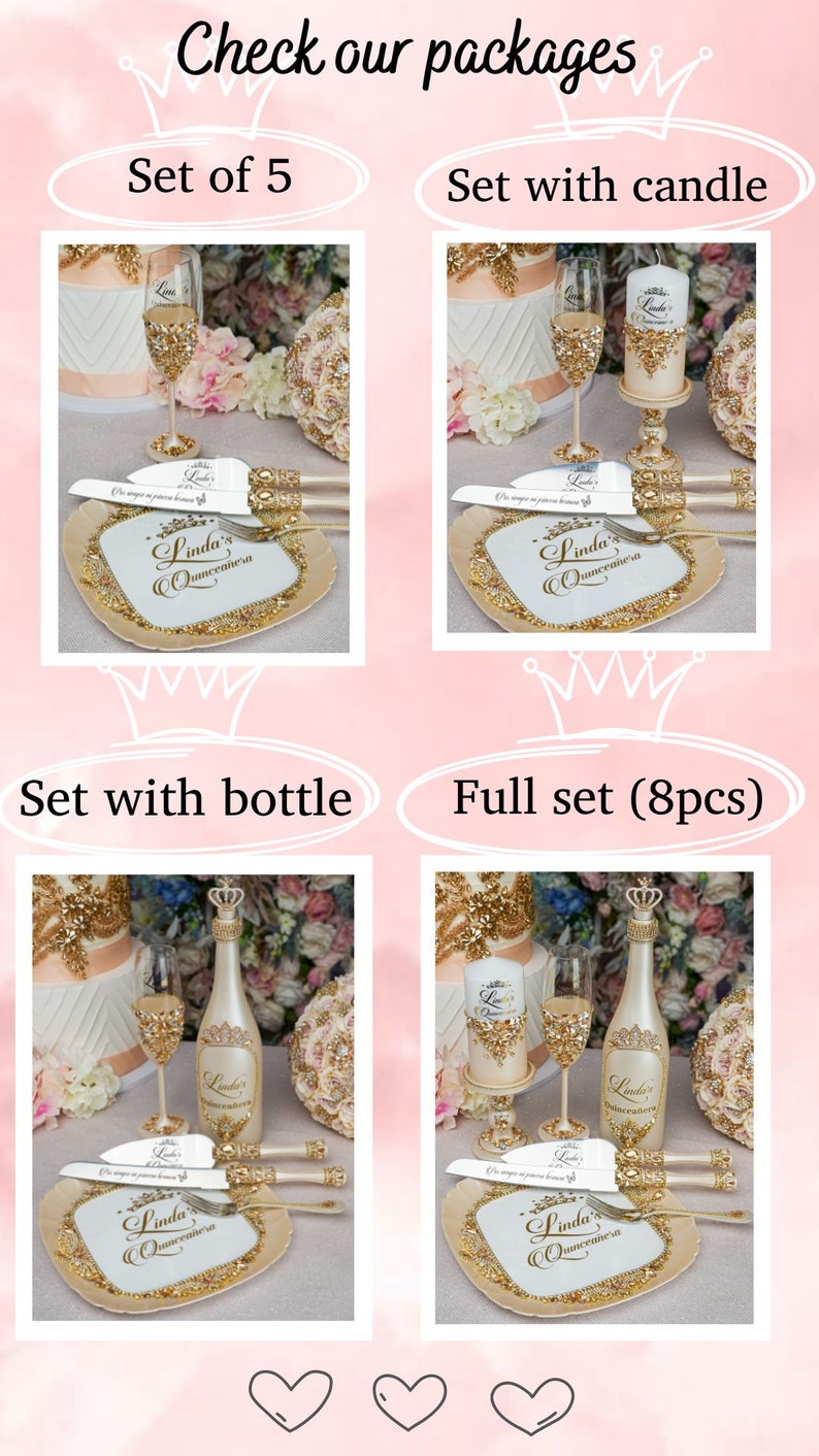 May include: Four different Quincea&ntilde;era party packages with a cake knife and server, champagne flutes, a bottle of champagne, and a candle. The packages are labeled "Set of 5", "Set with candle", "Set with bottle", and "Full set (8pcs)".