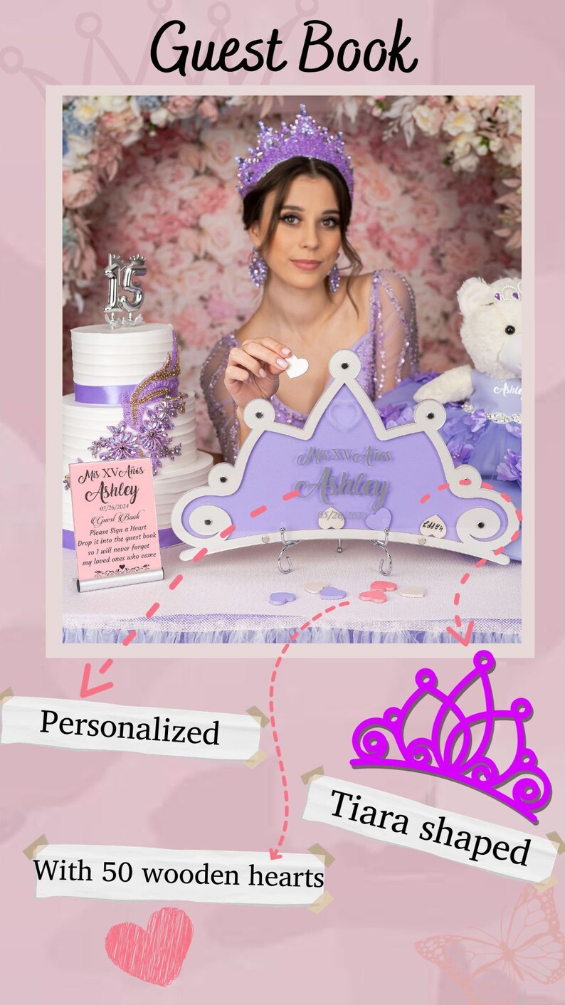 May include: A personalized tiara-shaped guest book with a purple and white design. The guest book has 50 wooden hearts that guests can sign and drop into the book. The text on the guest book reads "Miss XV A&ntilde;os Ashley 05/20/2023".
