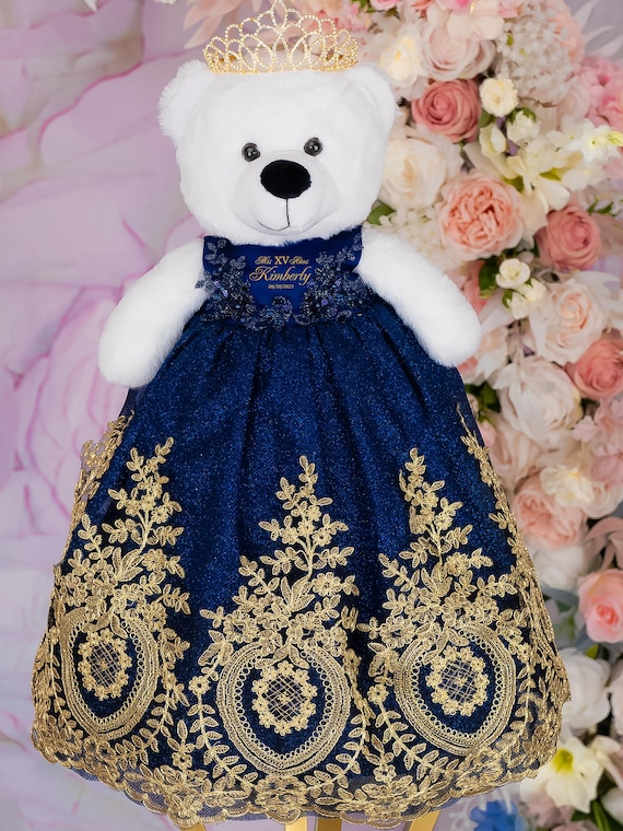 Navy Blue Gold Teddy Bear Quinceanera with Bow