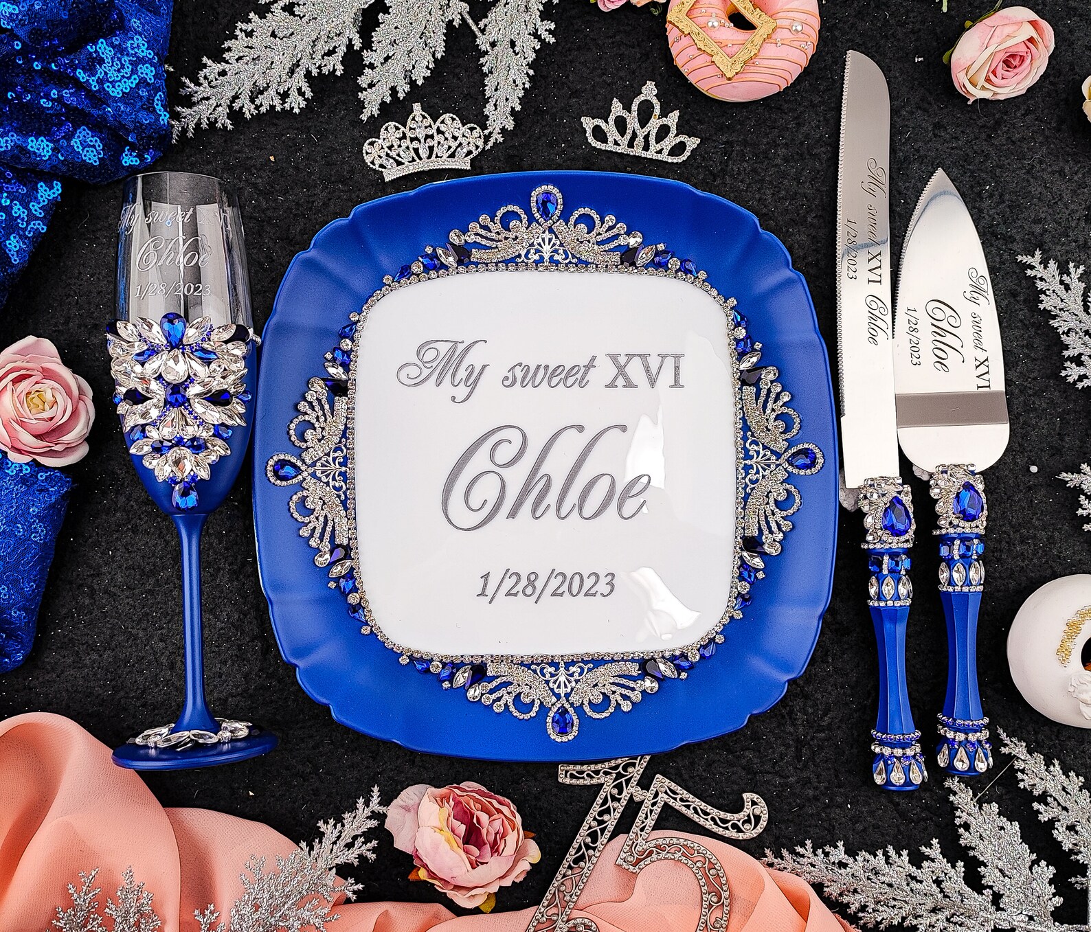 Blue Sweet 16 Decor Royal Blue Silver Sweet 16 Glasses Royal Etsy