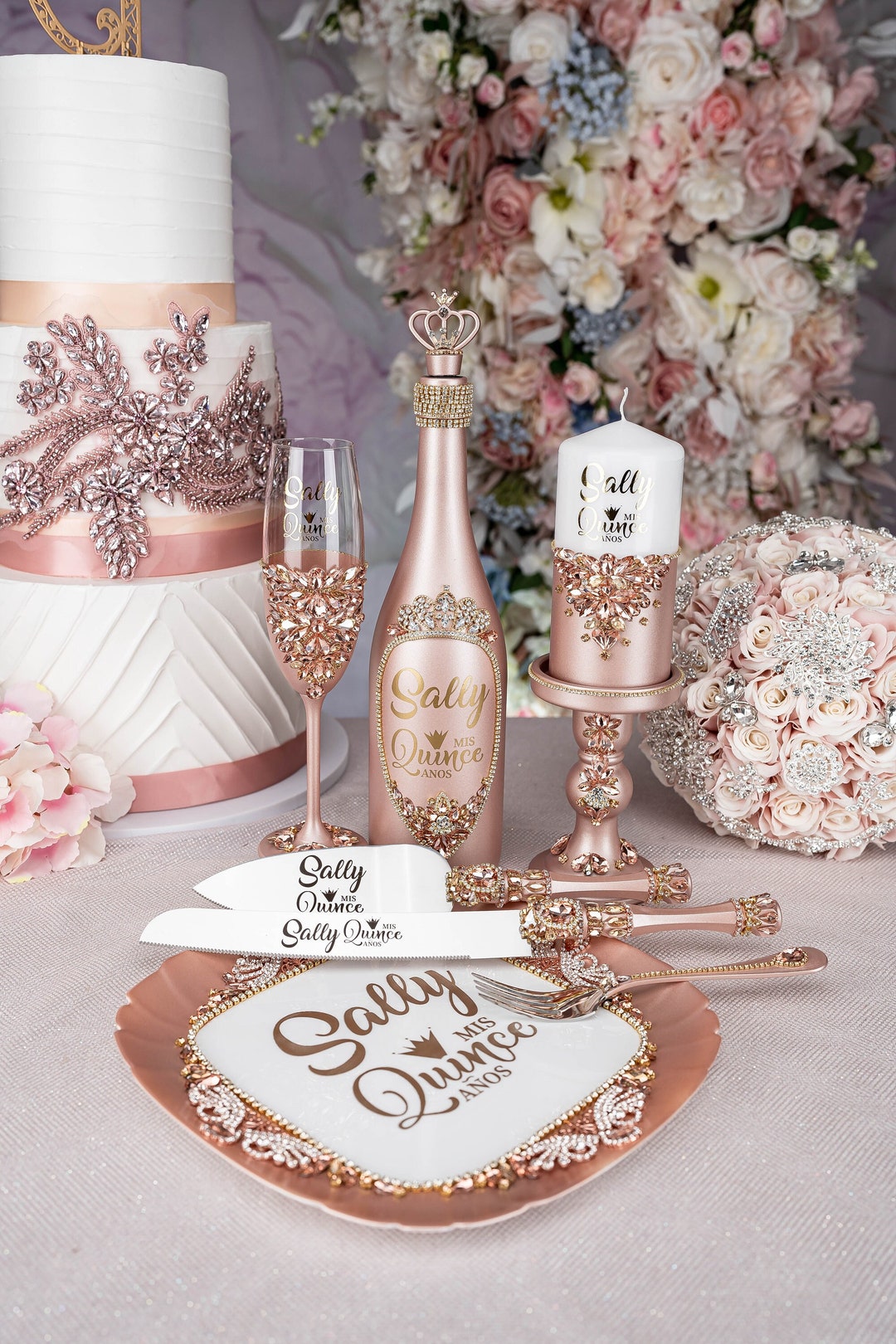 Brindis Quinceañera Rose Gold Quinceanera Glasses, Champagne Quinceanera  Set, Quinceanera Knife 