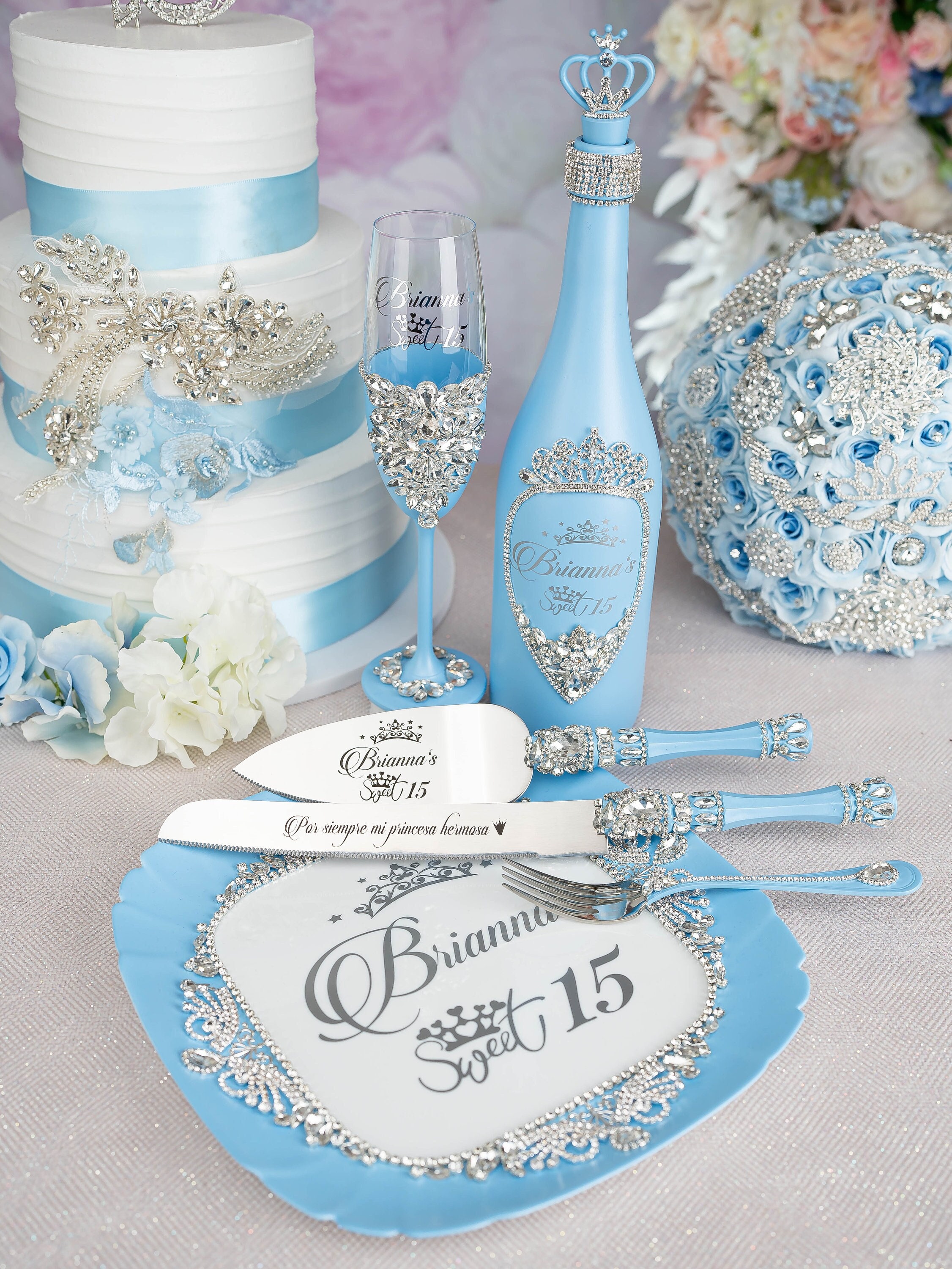 Light blue 2 quinceanera champagne glasses / quinceanera-decor