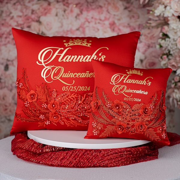 red quinceanera pillows set, red tiara pillow, red gold kneeling pillow, red quince cushions, red gold personalized quinceanera pillows