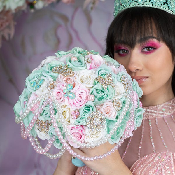 Mint & Pink Quinceañera Bouquet: Sage Green Mis Quince Decor