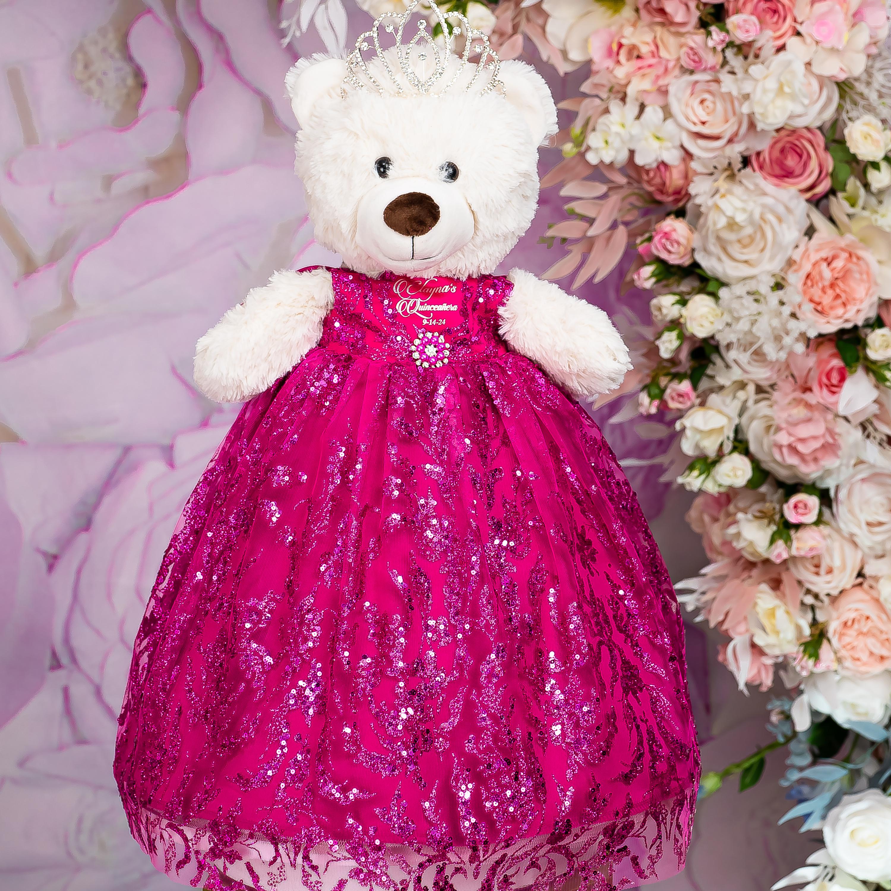 Quinceañera Last Doll Teddy Bear Centerpiece - 20 Inch Dressed Bear With Gown, Tiara & Bouquet, Rose Gold - View #12