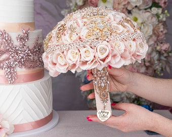 rose gold quinceanera bouquet, rose gold quinceanera ramo, pink quinceanera brooch bouquet, bouquet de quince, brindis quinceañera