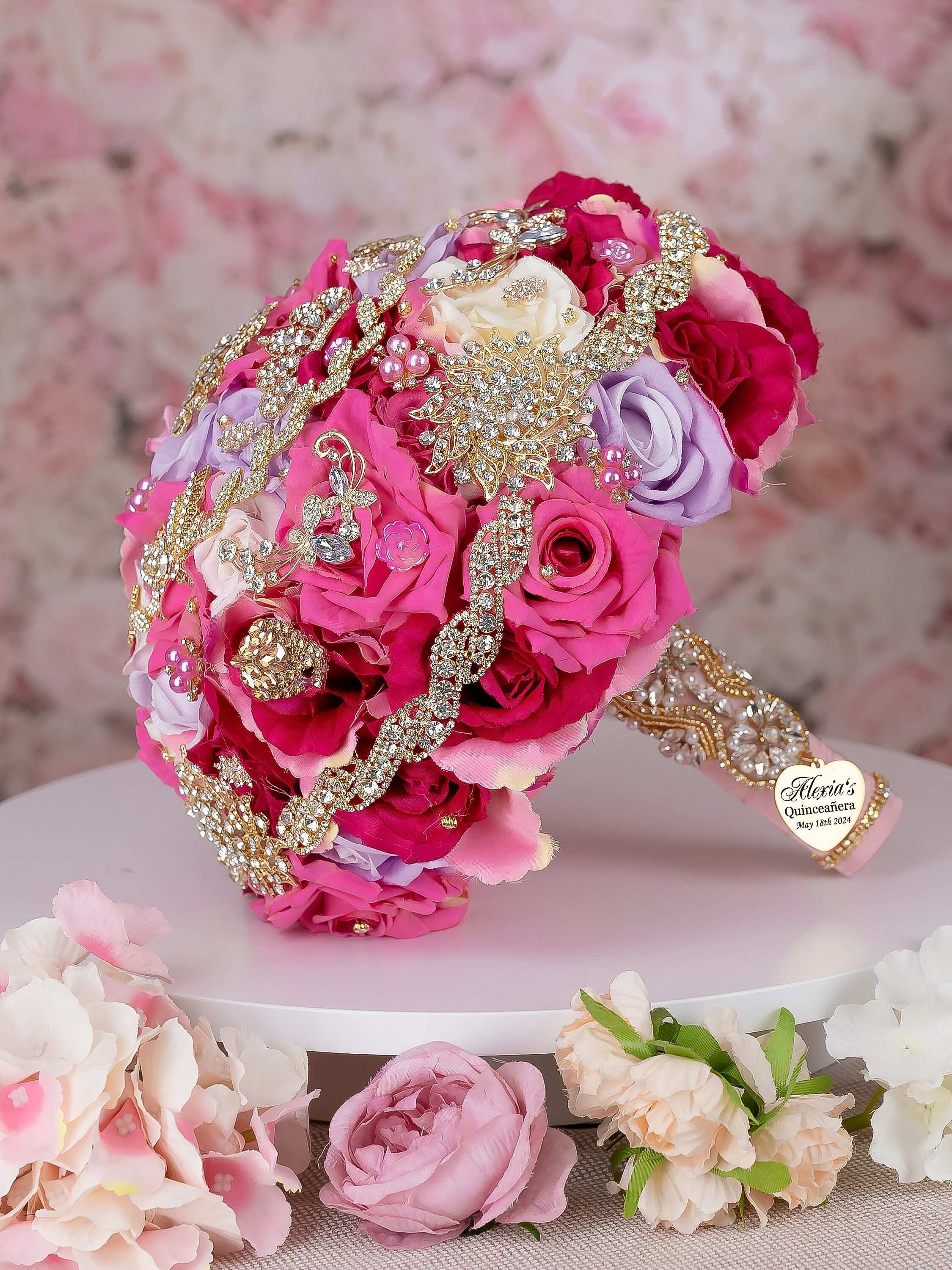 Fuchsia Quinceanera Bouquet: Magenta, Lilac, Ivory Accents  display picture 3