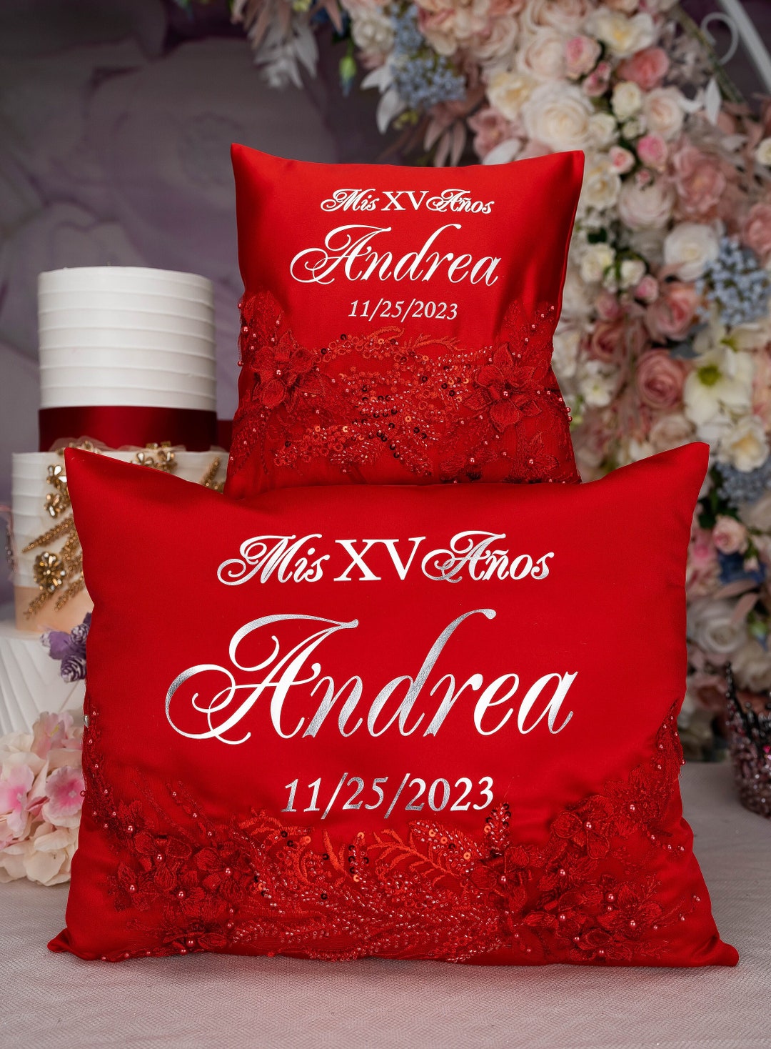 Red Silver Quinceanera Pillows , Red Silver Quinceanera Tiara Pillow