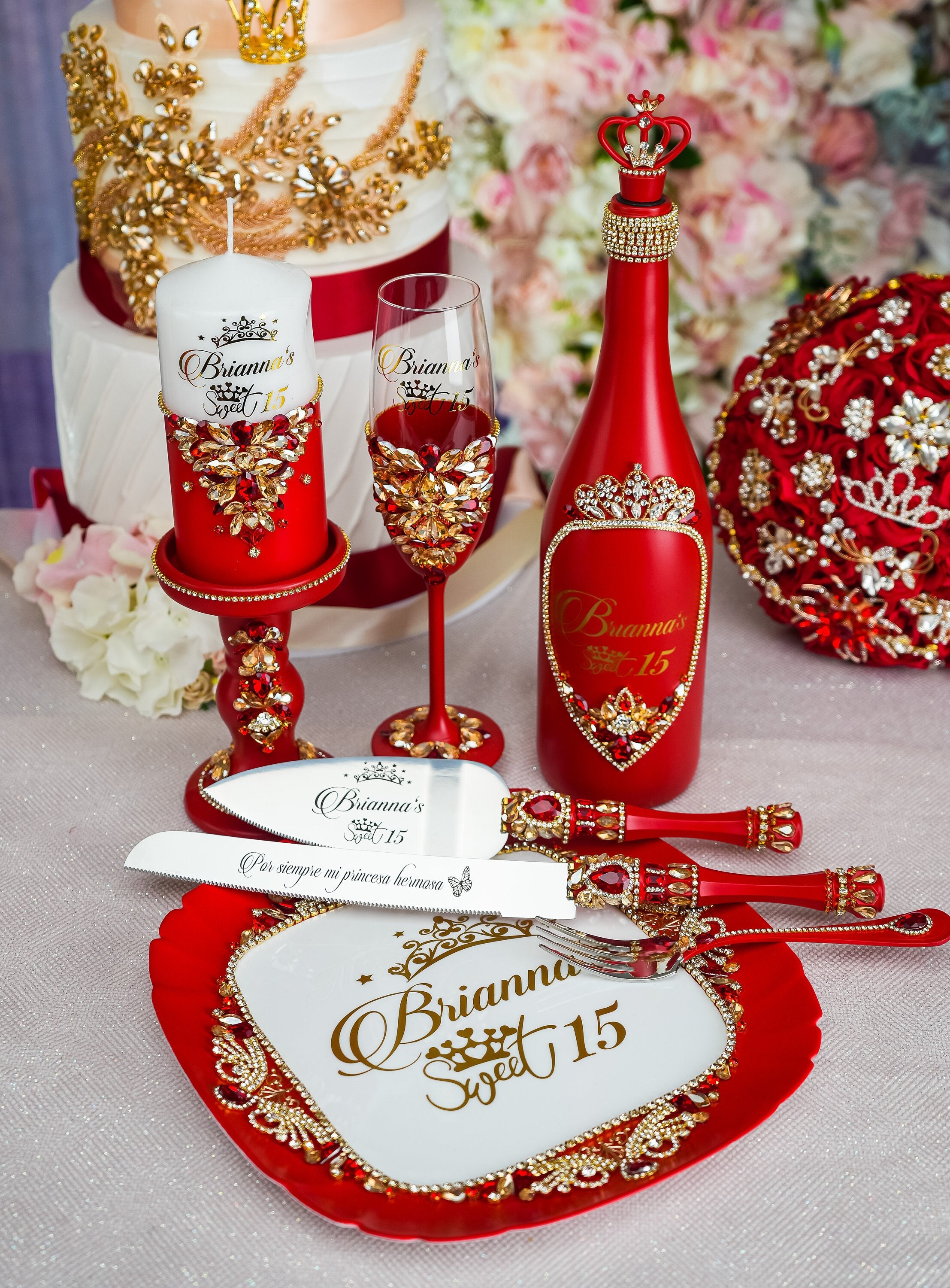 RED quinceanera set, Red gold quinceanera knife set, red quinceanera toast set, red glasses, red mis anos