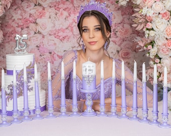quinceanera 15 candles set, lilac quinceanera candles, lilac quince decor, lavander quinceanera candle ceremony, lilac mis quince glasses