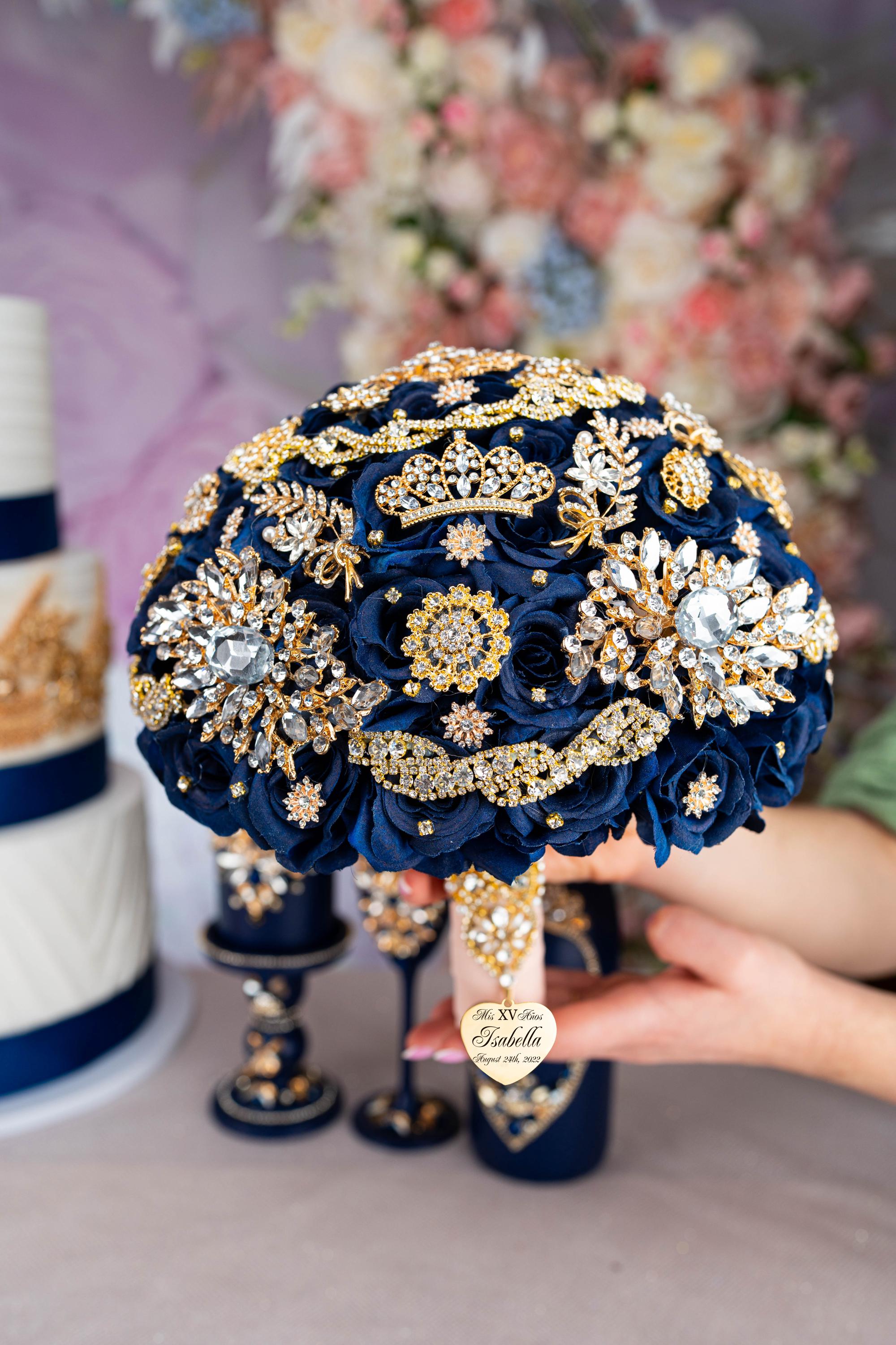 Navy Blue Quinceanera Glasses, Navy Gold Quinceanera Flute Set