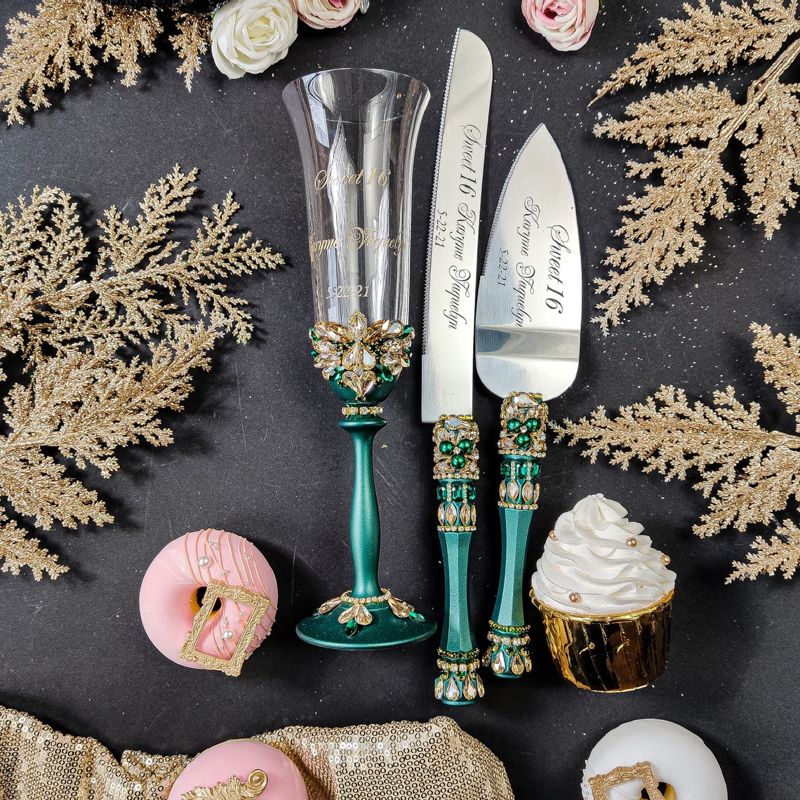Emerald Green Sweet 16 Decorations Green Gold Sweet 16 Cake Etsy