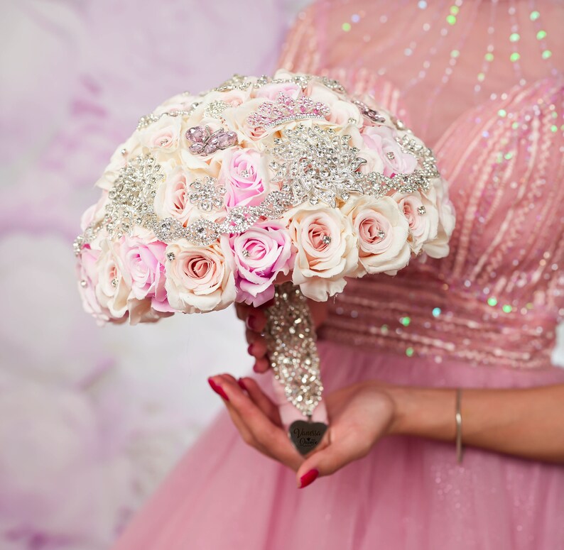 Blush Pink Silver Quinceanera Bouquet Pink Quince Decor Etsy