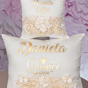 quinceanera pillows set, gold quinceanera pillows, gold tiara pillow, kneeling pillow quince cushions, quince almohadas, personalized pillow