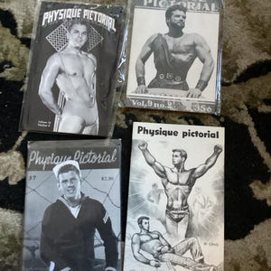 May include: Four vintage Physique Pictorial magazines featuring black and white photography and illustrations of muscular figures. The covers display various volumes and numbers, including Volume 12 Number 4, Volume 9 Number 2, Volume 37, and Volume 18 Number 2.