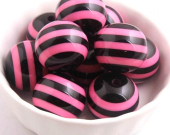 20mm Black and Pink Striped Beads | Bubblegum Beads | Pink and Black Beads