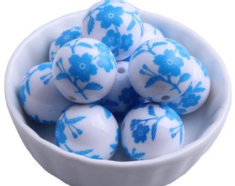 20mm White with Blue Flower Print Beads | Flower Beads | Bubblegum Beads | Floral Print Beads