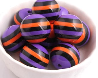 20mm Striped Halloween Beads | Bubblegum Beads | Black Beads | Orange Beads | Purple Beads | Spooky Beads | Halloween Beads