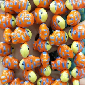 Ceramic Fish Beads | Orange Fish Bead | Green Fish Bead | Animal Beads | Beading Supply | Jewelry Supply | THREE (3) beads