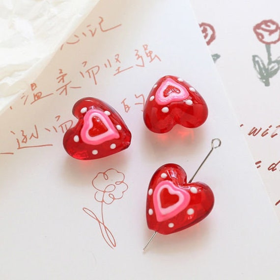 20mm x 19mm Lampwork Glass Heart Beads | Red and Pink Heart Beads | Love  Beads | Valentine Beads | Pack of Two (2) Beads