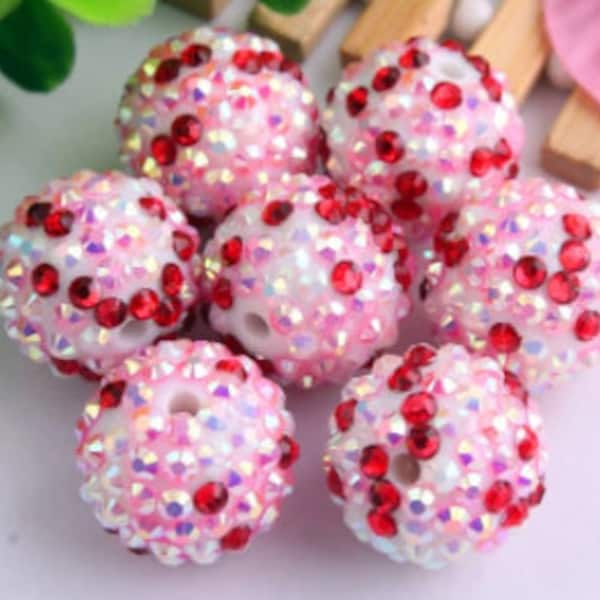 20mm Valentine Beads | 20mm Bubblegum Beads | Valentine Confetti Beads | Red and Pink Confetti Beads | Rhinestone Confetti Beads