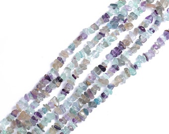 May include: A strand of multi-colored fluorite chip beads. The beads are a mix of light blue, green, purple, and white. The beads are strung on a clear thread.