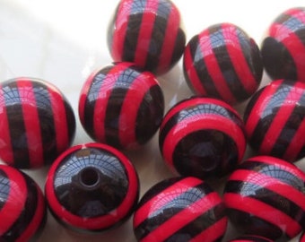 20mm Black and Red Striped Beads | Bubblegum Beads | Bulldog Beads | Red and Black Beads