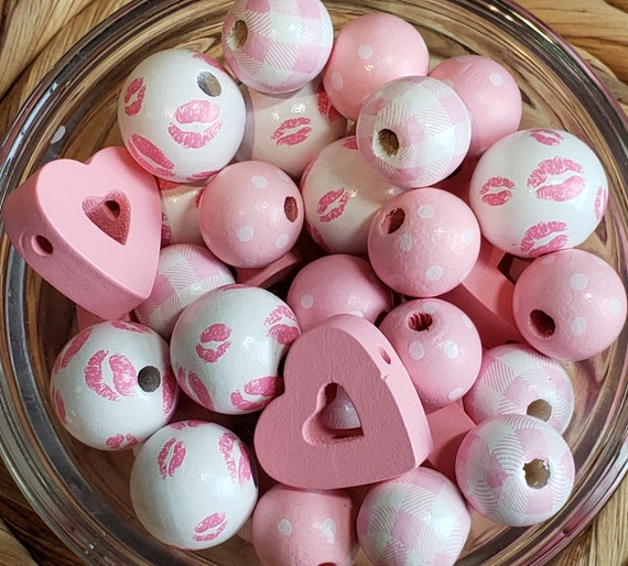 20mm and 16mm Pink Painted Wood Beads Valentine Beads Baby Girl