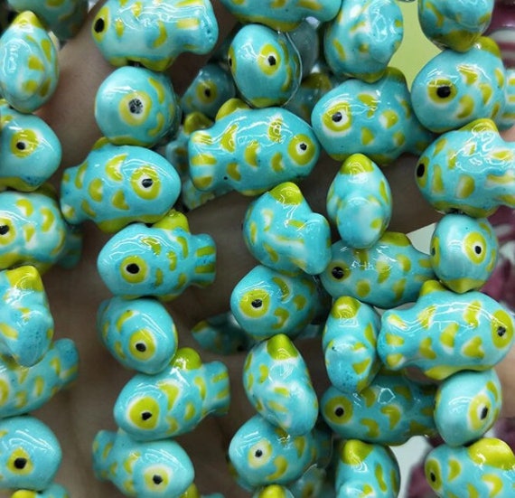 Ceramic Fish Beads | Orange Fish Bead | Green Fish Bead | Animal Beads |  Beading Supply | Jewelry Supply | THREE (3) beads