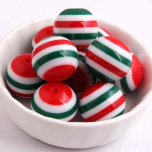 20mm Beads | Christmas Bubblegum Beads | Red Green and White Striped Beads | Christmas Beads | Holiday Beads | Christmas Stripe Beads