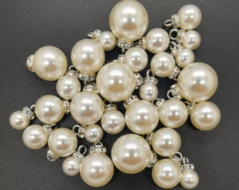 Off-white Pearl Drops with Rhinestones | Silver Metal Color | Pearl Dangles | Pearl Embellishments | Pearl Charms