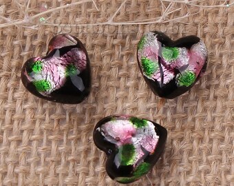 12mm x 12mm Lampwork Glass Heart Beads | Black Green and Pink Heart Beads | Love Beads | Valentine Beads | Pack of Three (3) Beads