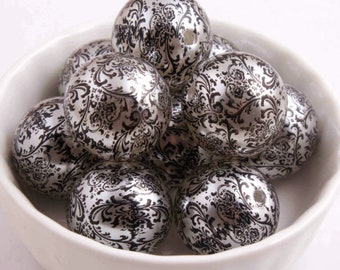 20mm Damask Print Beads | Silver and Black Damask Print Beads | Bubblegum Beads | Black and Silver Beads