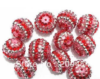 20mm Valentine Beads | 20mm Bubblegum Beads | Valentine Confetti Beads | Red and Pink Striped Beads | Rhinestone Striped Beads
