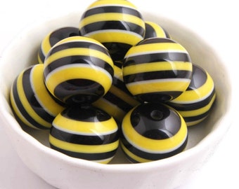 20mm Black White and Yellow Striped Beads | Bubblegum Beads | Bee Beads | Bumble Bee | Honey Bee