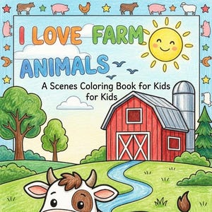 May include: A coloring book cover titled I LOVE FARM ANIMALS A Scenes Coloring Book for Kids for Kids featuring a cartoon cow with brown spots standing in a green field with a blue stream, a red barn, and a yellow sun in the sky.