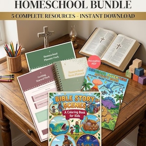 May include: An assortment of homeschool resources, including a planner pack, a mom planner, and coloring books. The image features the text "ULTIMATE CHRISTIAN HOMESCHOOL BUNDLE" and "5 COMPLETE RESOURCES - INSTANT DOWNLOAD". A Bible and pencils are also visible.