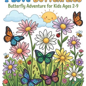 May include: A colorful children's book cover with the title "I Love Butterflies" and the subtitle "Butterfly Adventure for Kids Ages 2-9." The illustration features butterflies, flowers, a smiling sun, and a grassy field.